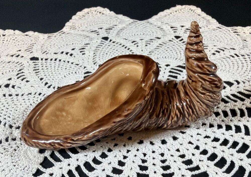 Vintage Ceramic Cornucopia Horn of Plenty Brown Glazed 1983 Thanksgiving Decor